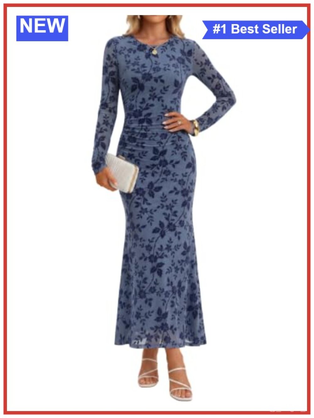 Women's Long Sleeve Floral Maxi Bodycon Mermaid Dress Semi Formal Party